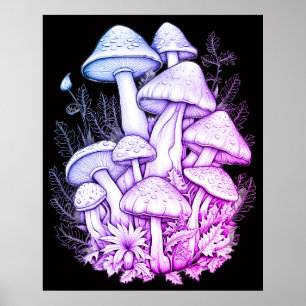 Green Mushrooms on Black Background on a Wall Poster