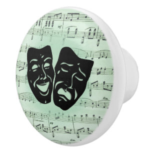 Green Music and Theater Greek Masks Ceramic Knob