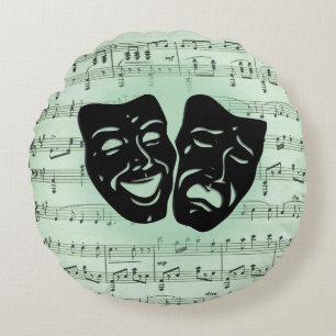 Green Music and Theater Greek Masks Round Cushion