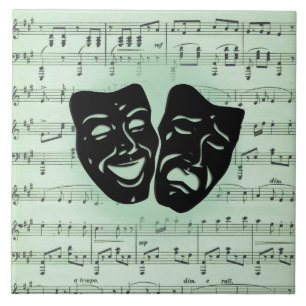 Green Music and Theatre Greek Masks Ceramic Tile