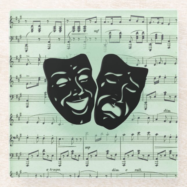 Green Music and Theatre Greek Masks Glass Coaster (Front)