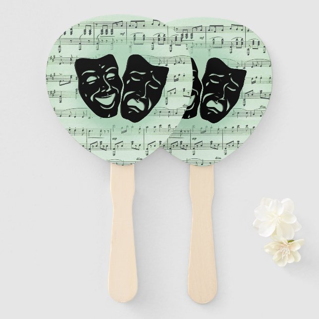 Green Music and Theatre Greek Masks Hand Fan (Front and Back)