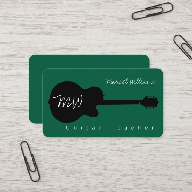 Green Music Business Card with black guitar (Front/Back In Situ)