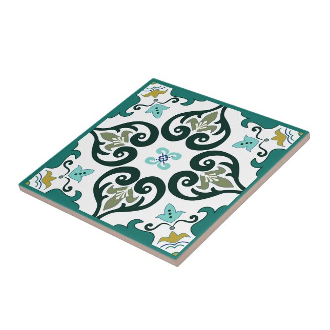 Green, mustard and white Azulejo  Ceramic Tile (Side)