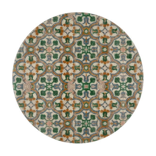 Green mustard floral Azulejos Geometric pattern Cutting Board (Front)