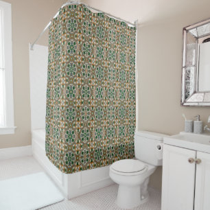 Green mustard floral Azulejos Geometric pattern Shower Curtain