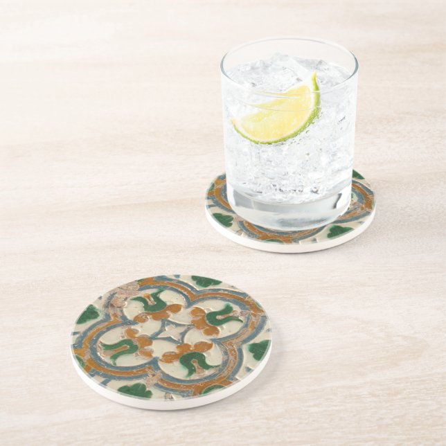 Green mustard Spanish floral Geometric Azulejos Coaster (Side)