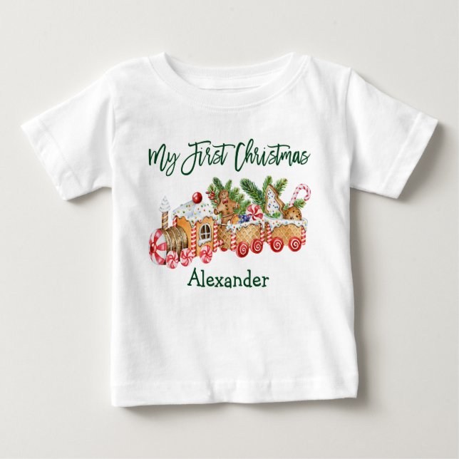 Green My First Christmas Gingerbread Train Baby T-Shirt (Front)