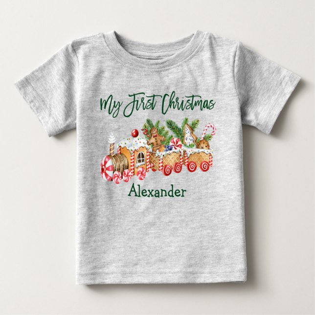 Green My First Christmas Gingerbread Train Grey Baby T-Shirt (Front)