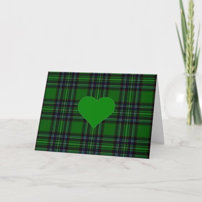 Green N' Black tartan plaid - green heart accent Holiday Card (Front)