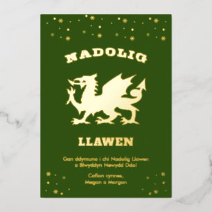 Green Nadolig Llawen Welsh Themed Merry Christmas Foil Holiday Card