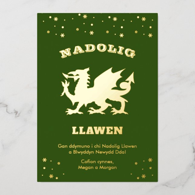 Green Nadolig Llawen Welsh Themed Merry Christmas Foil Holiday Card (Front)