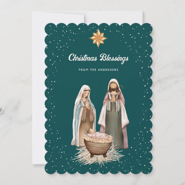 Green Nativity Scene Christmas Star Christian Holiday Card (Front)