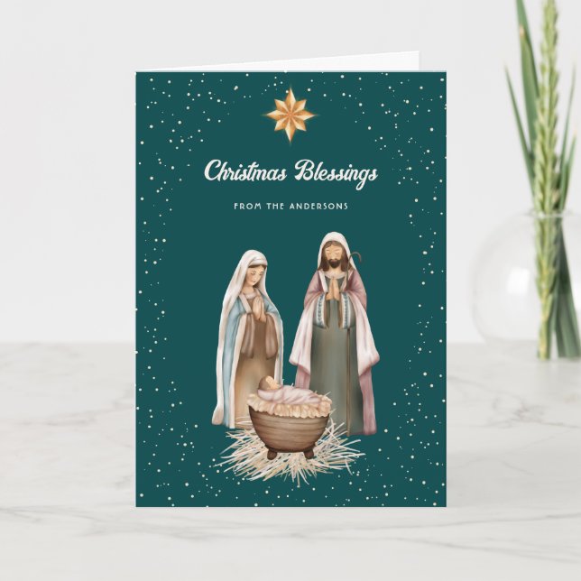 Green Nativity Scene Christmas Star Photo Holiday Card (Front)