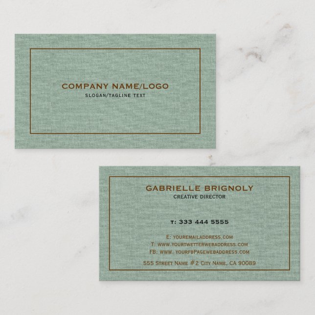 Green Natural Linen Fabric Look brown border Business Card (Front/Back)