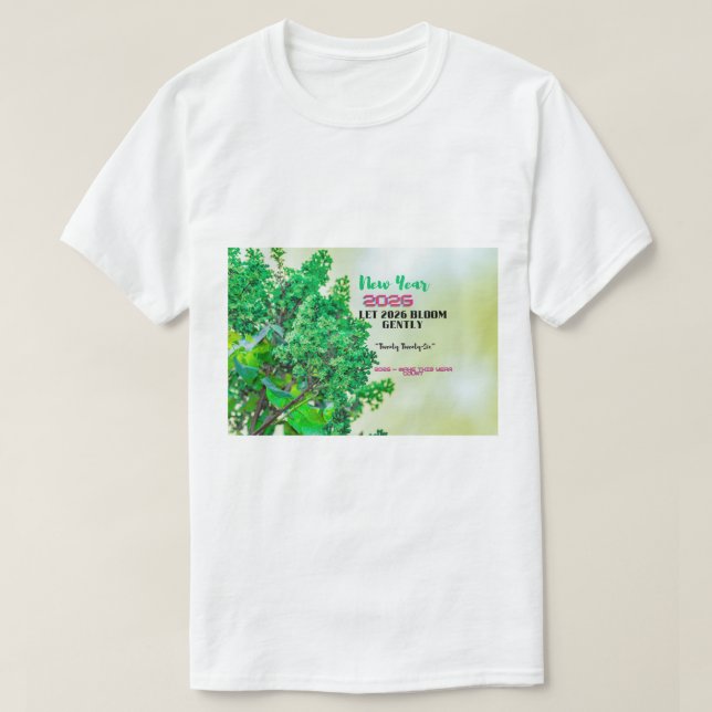 Green Nature Leaves Happy New Year 2026  T-Shirt (Design Front)