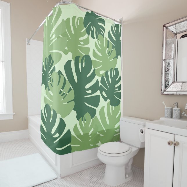 Green Nature tropical Leaves Monstera Pattern Shower Curtain (In Situ)