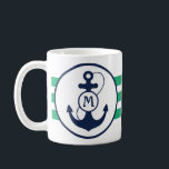 Green Nautical Anchor Coffee Mug<br><div class="desc">Kelly green nautical stripes and navy blue anchor with monogram.</div>