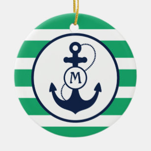 Green Nautical Anchor Monogram Ceramic Ornament