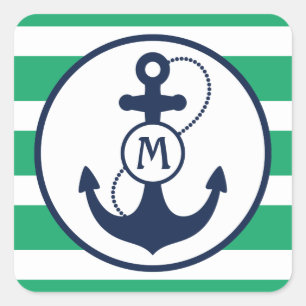 Green Nautical Anchor Monogram Square Sticker