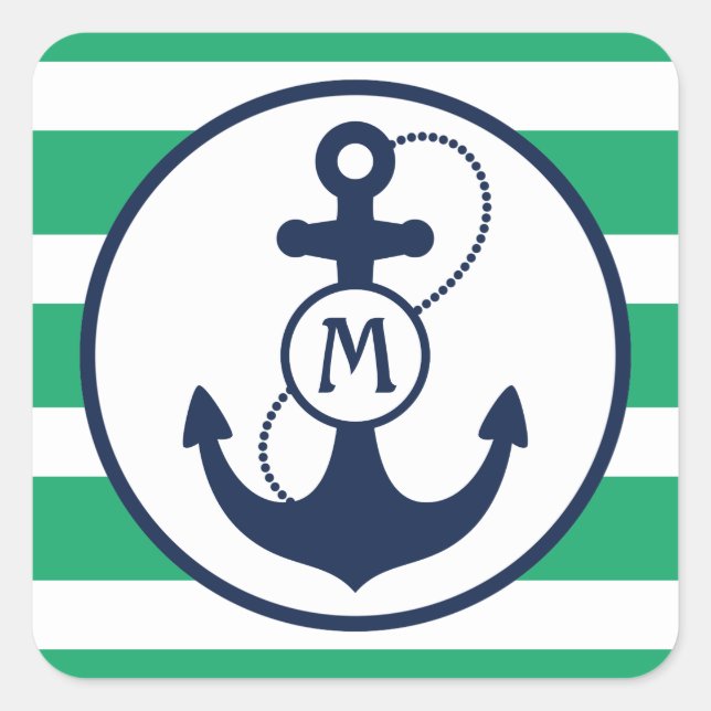 Green Nautical Anchor Monogram Square Sticker (Front)