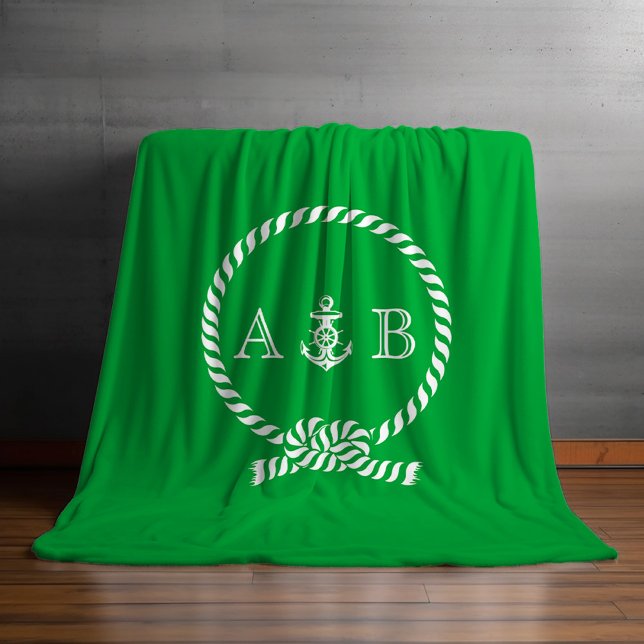 Green Nautical Rope and Anchor Monogrammed Fleece Blanket (Creator Uploaded)