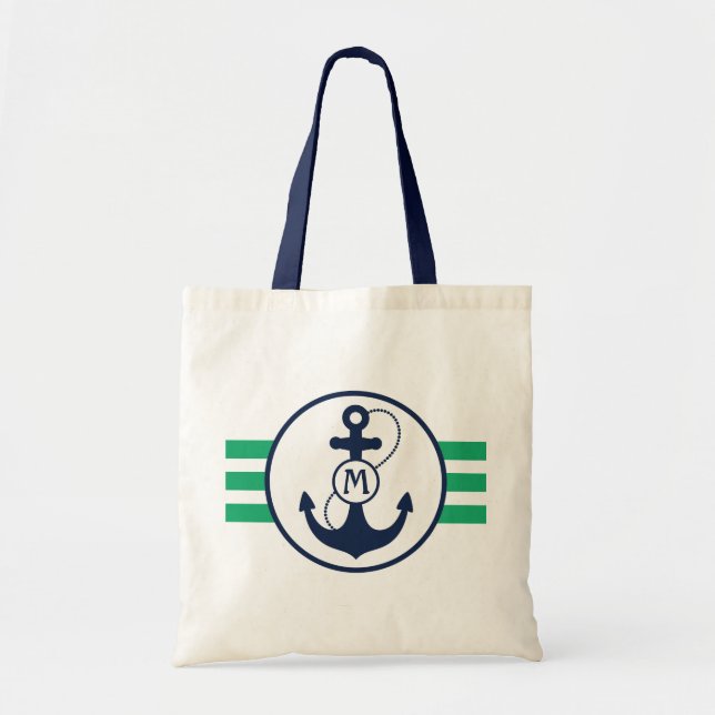 Green Nautical Stripes with Anchor Monogram Tote Bag (Front)
