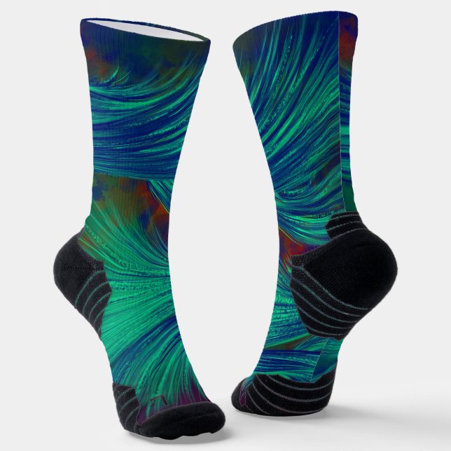 Green Navy Abstract Feathers  Socks (Angled)