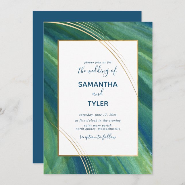 Green, Navy and Gold Artistic, Earthy Invitation (Front/Back)