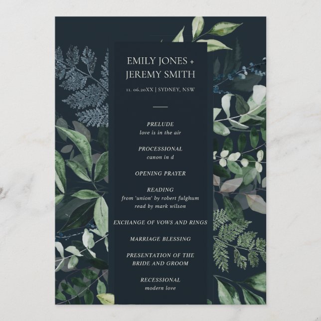 Green Navy Black Leafy Foliage Wedding Program (Front)