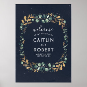 Green, Navy Blue and Gold Greenery Wedding Poster