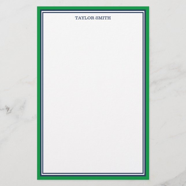 Green & Navy Blue Borders Add Your Name Stationery (Front)