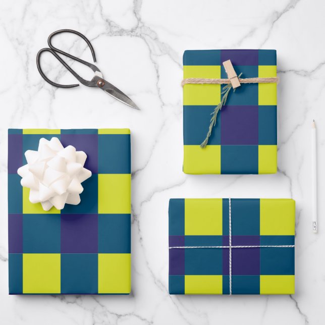 Green Navy Blue Chequerboard Pattern Wrapping Paper Sheet (Front)