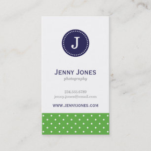 Green & Navy Blue Cute Polka Dots Monogram Business Card