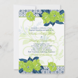 Green Navy Blue Vintage Floral Wedding Invitation