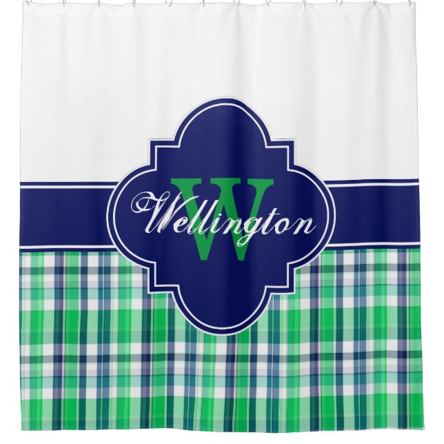 Green Navy Blue Wht Madras Plaid 1I CB Ribbon Name Shower Curtain (Front)
