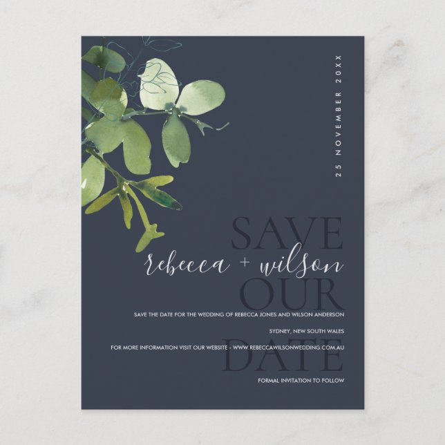 GREEN NAVY EUCALYPTUS WATERCOLOR SAVE THE DATE ANNOUNCEMENT POSTCARD (Front)