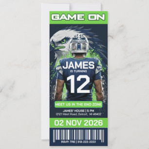Green & Navy Football Ticket Birthday Invitation