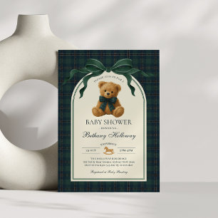 Green Navy Plaid Polo Teddy Bear Baby Shower Invitation