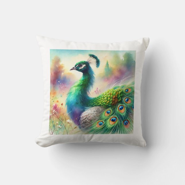 Green necked peafowl 120924AREF136 - Watercolor Cushion (Front)