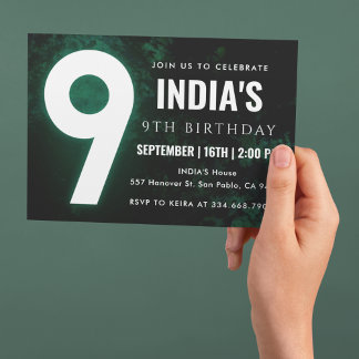 Green Neon 9th birthday Invitation