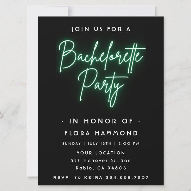 Green Neon Bachelorette Party Invitation (Front)