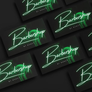 Green Neon Barbershop Handwritten Script Barber Business Card
