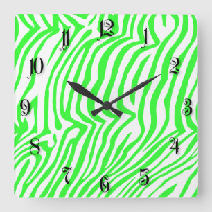 Green neon colour zebra pattern square wall clock