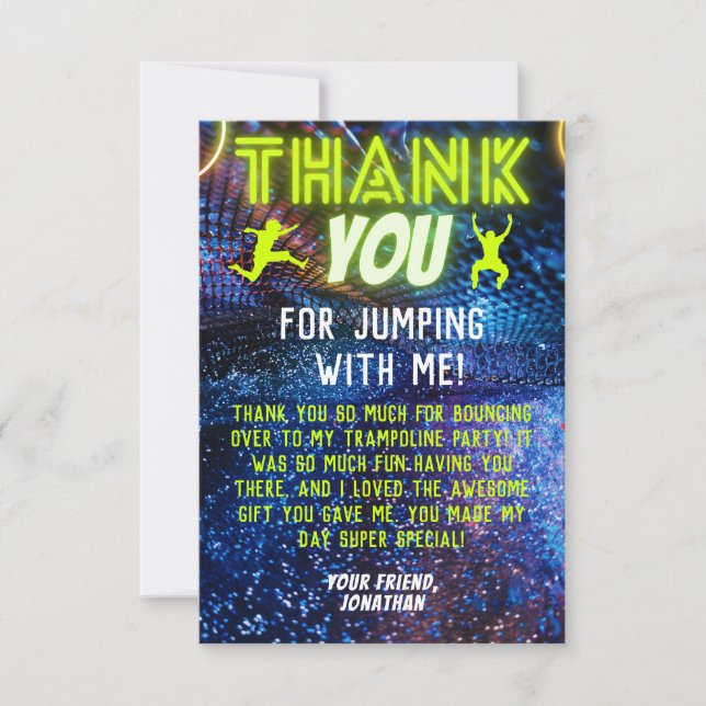 Green Neon Glow Boys Trampoline Birthday Party Thank You Card (Front)