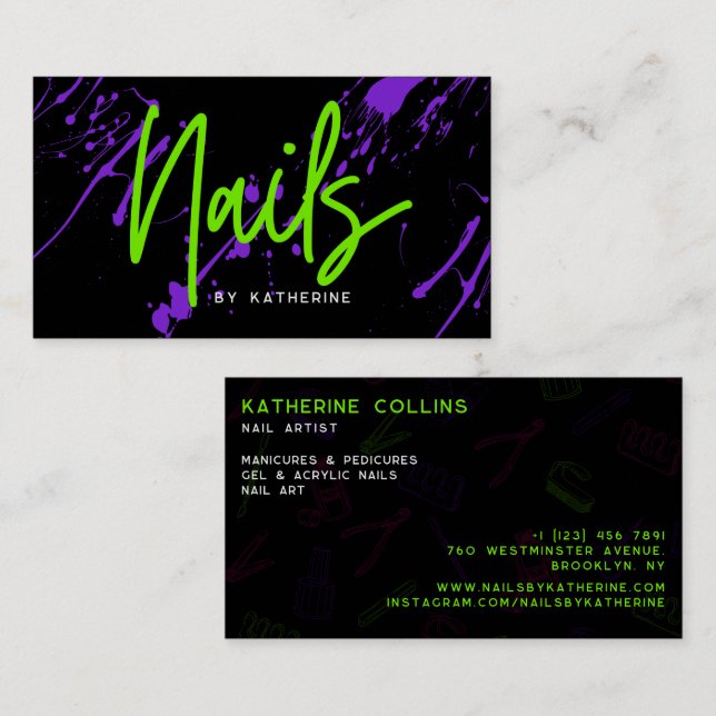 Green Neon Purple Nails Nail Salon Business Card (Front/Back)