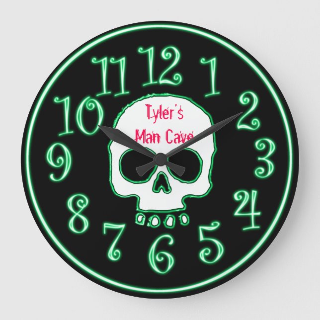 Green Neon Skull Custom Name Man Cave Clock (Front)