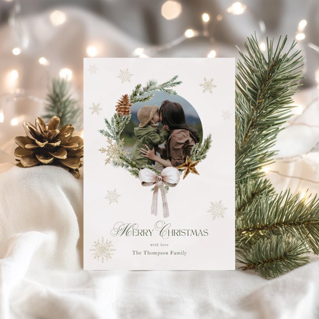 Green & Neutral Wreath Photo Holiday Card (Creator Uploaded)