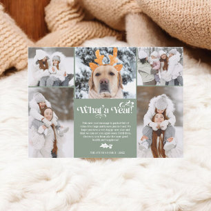 Green New Year in review 5 photo collage grid Holiday Card