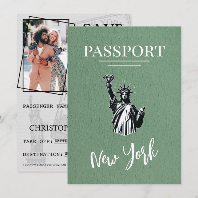 Green New York City Passport Save The Date (Front/Back)